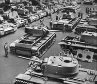 “Soviet tank production factory WWII”, KV-1 tanks are being assembled, site is presumed to be Chelyabinsk