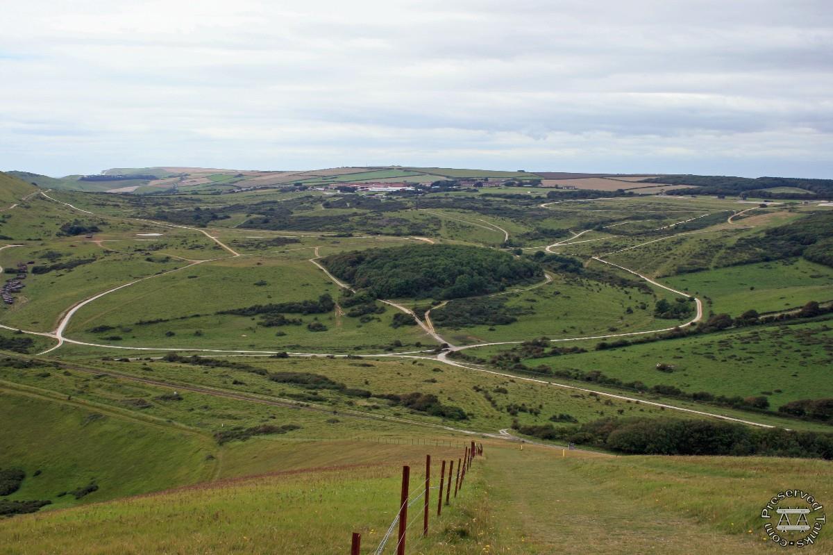Tank tracks on Bindon Range viewed from Flower Barrow, photo by Damo1977