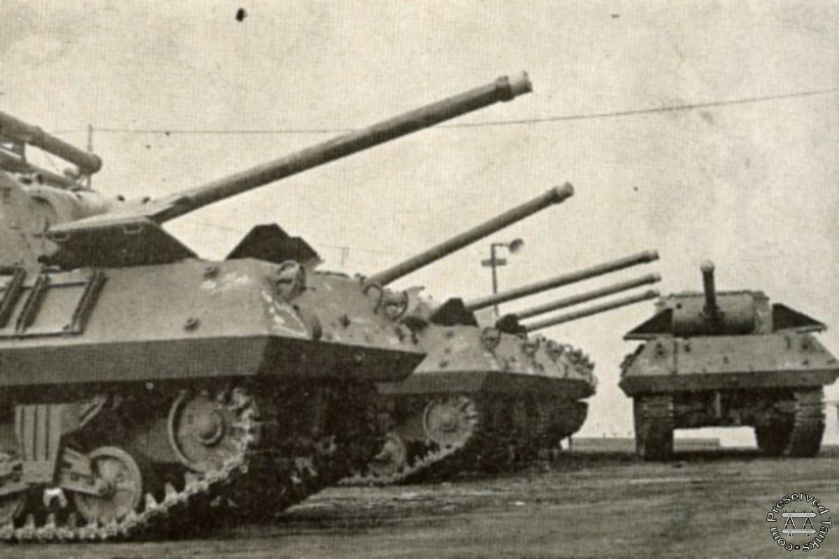 “Completed M-36 tank destroyers on wharf in front of Schnectady