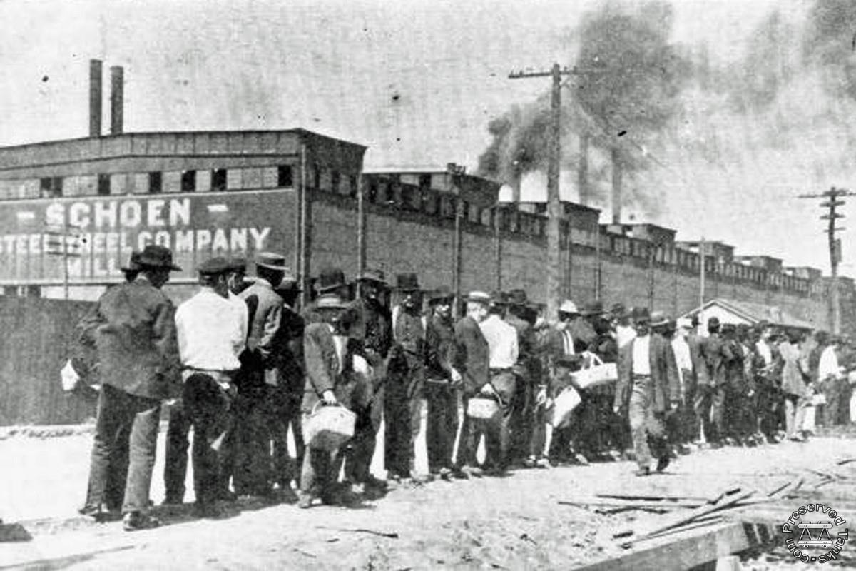 “Their savings quickly spent, striking workers from many nations lined up for bread to feed themselves and their families during the McKees Rocks strike of 1909”, photo credit Historical Society of Western Pennsylvania from ExplorePAHistory.com