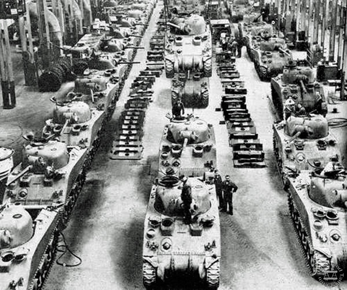 M4 Sherman tanks in production at Detroit Tank Arsenal, photo from WW2InColor.com