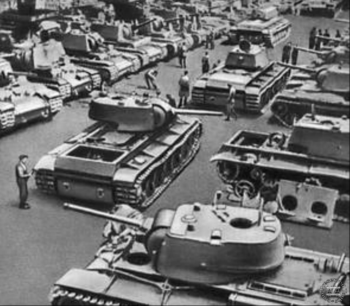 “Soviet tank production factory WWII”, KV-1 tanks are being assembled, site is presumed to be Chelyabinsk