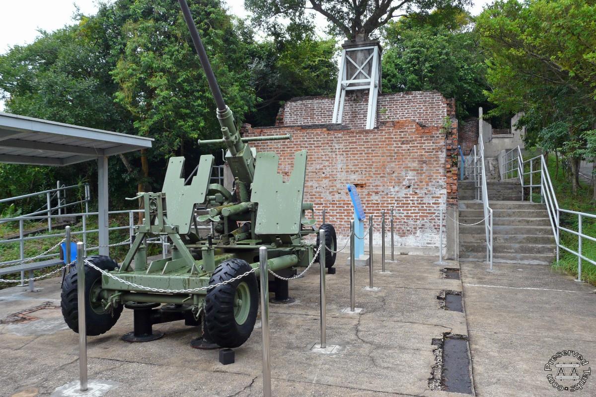 Ruined Royal Artillery quarters, with 40mm Bofors anti-aircraft gun