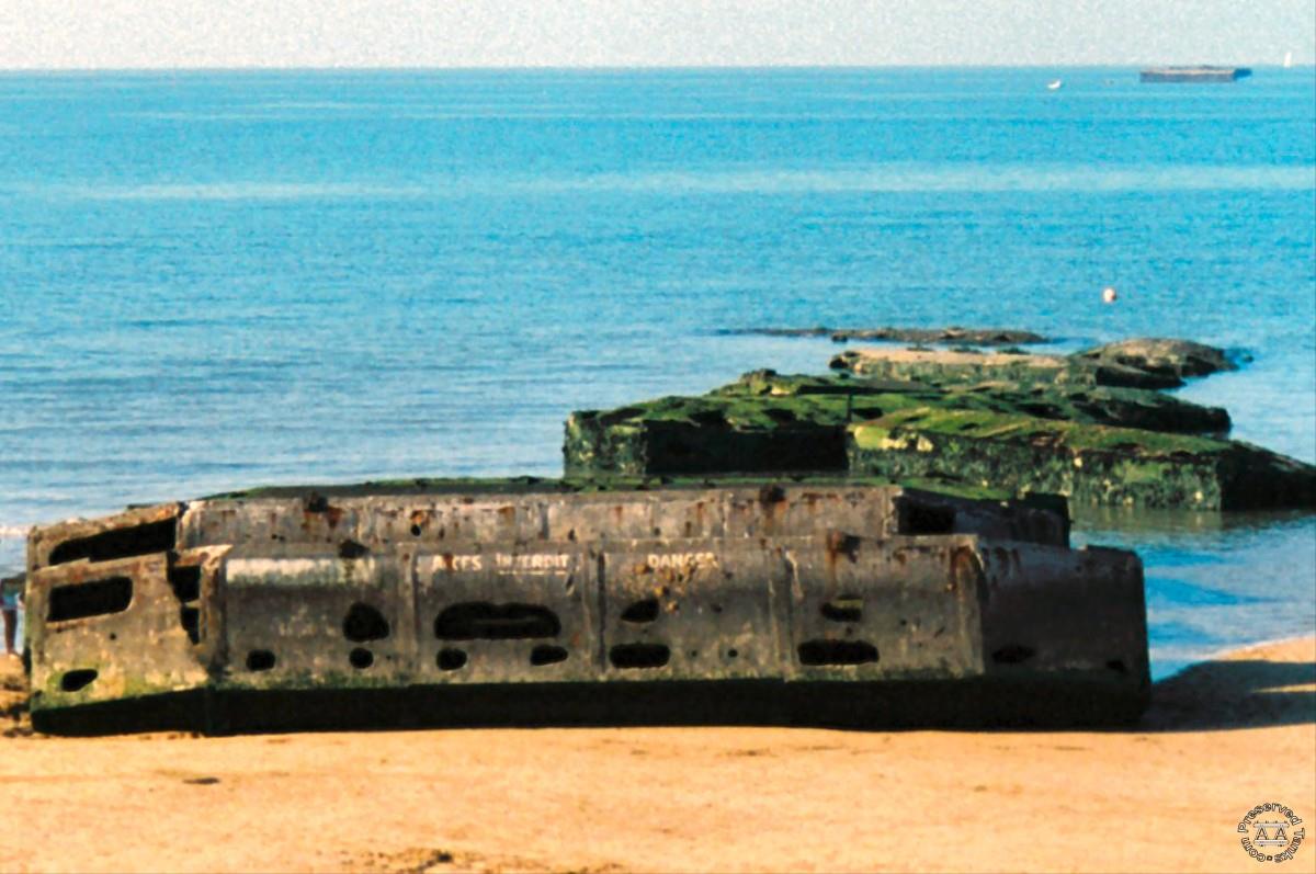 The remains of the Mulberry Harbour on the nearby beach